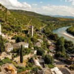 Panoramic view of Berat, Albania with traditional Ottoman houses overlooking the Osum River