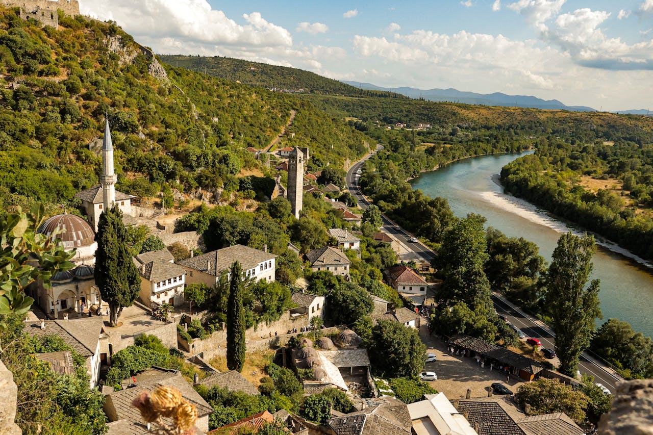 Panoramic view of Berat, Albania with traditional Ottoman houses overlooking the Osum River