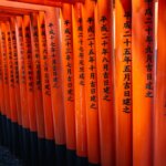 Iconic orange torii gates at Fushimi Inari-taisha shrine in Kyoto, Japan