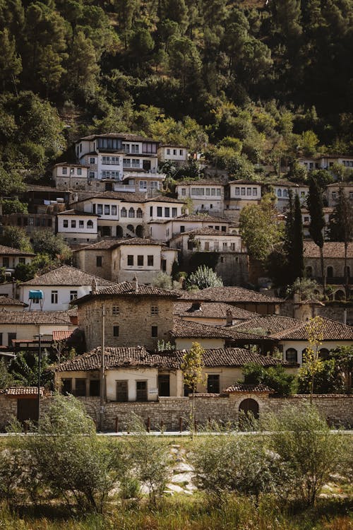 Stone Ottoman houses of historic Gjirokaster, Albania, cascading down a steep hillside