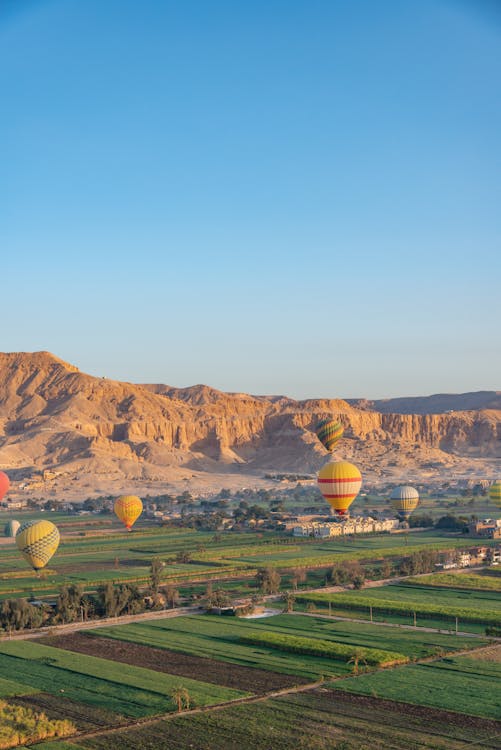 Colourful hot air balloons floating over the ancient ruins and fields of Luxor, Egypt at sunrise