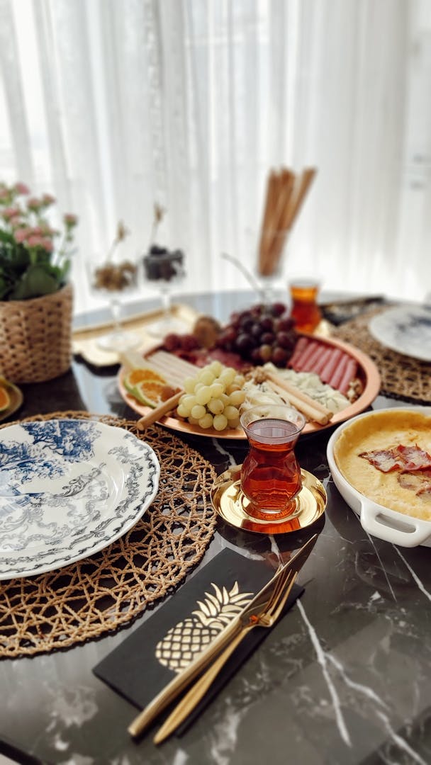 Turkish meze spread with tea on a traditional table