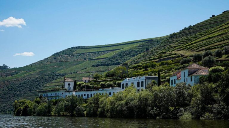 A picturesque scene of a Douro River cruise ship navigating through the narrow, historic locks in Portugal's UNESCO World Heritage valley