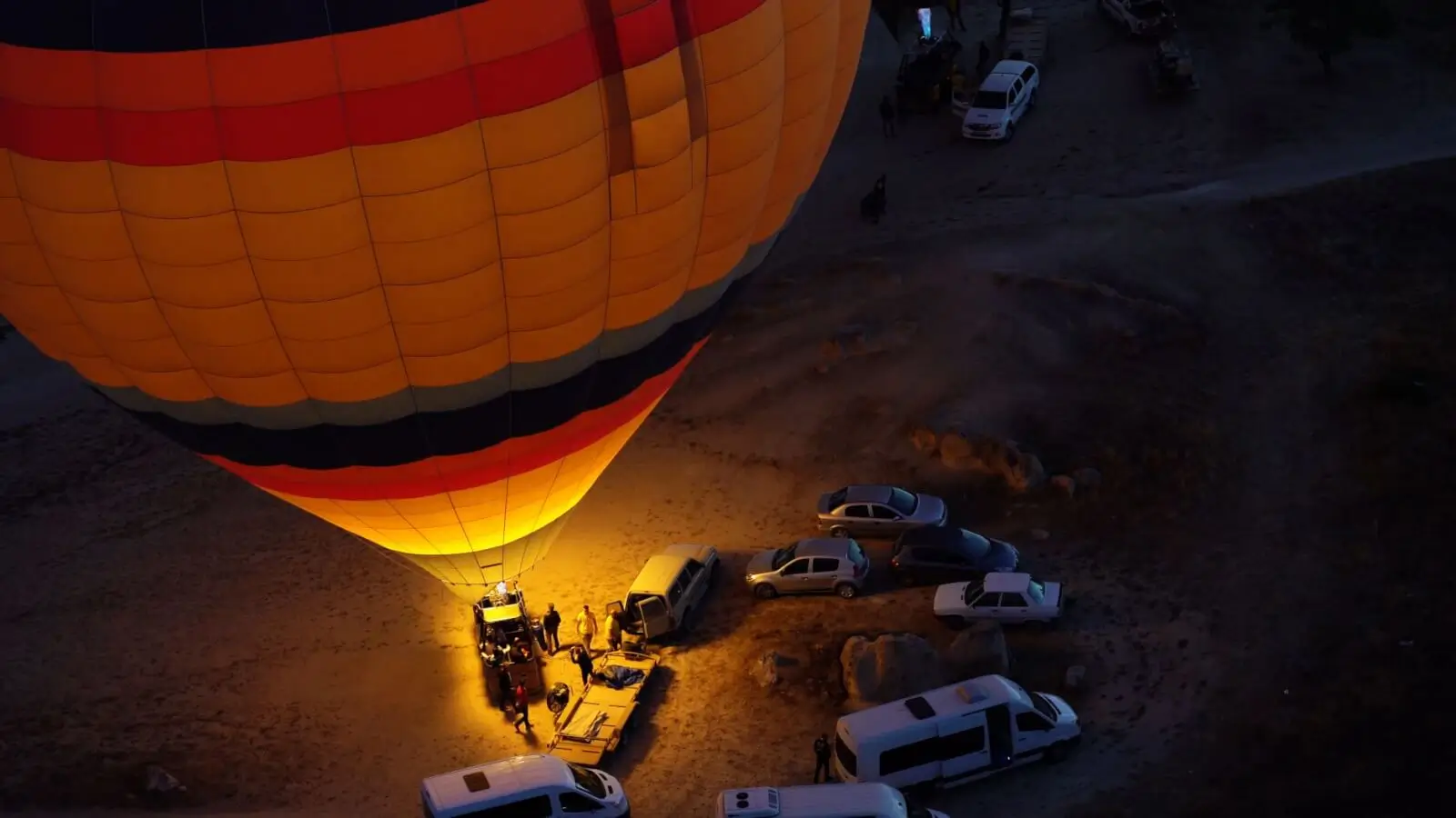 Hot air balloons floating over the fairy chimneys of Cappadocia in Turkey during autumn