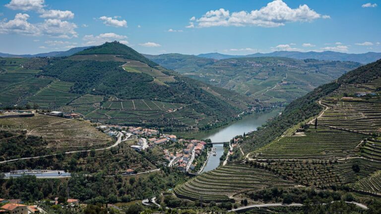 Douro River锁景，展示葡萄牙陡峭的梯田葡萄园和古老的村庄。