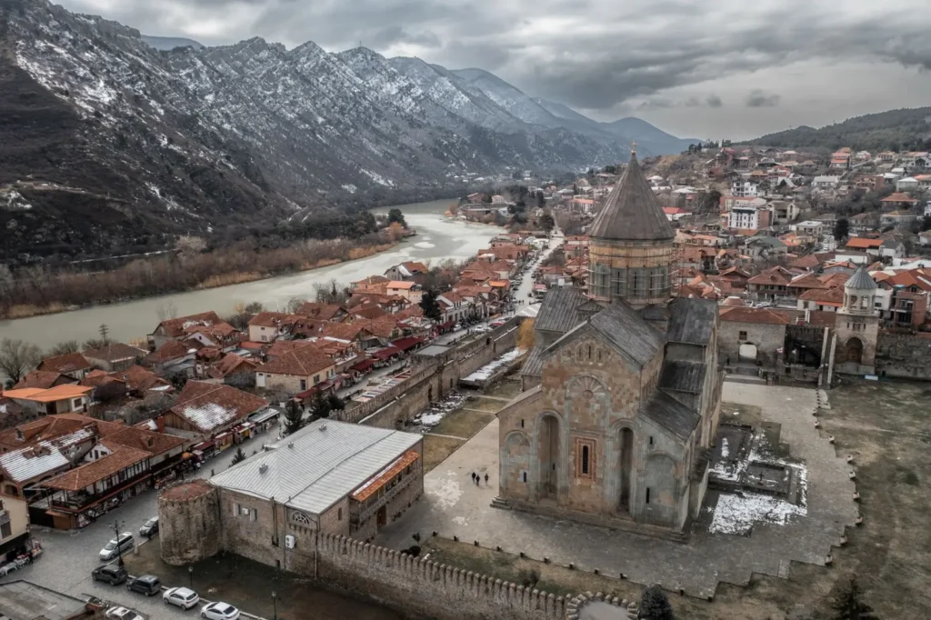 Svetitskhoveli Cathedral standing at the confluence of two rivers in Mtskheta
