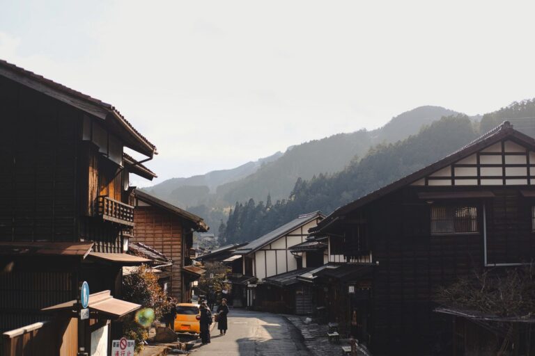 Private onsen with steam rising over a valley in Kiso Valley, Nagano