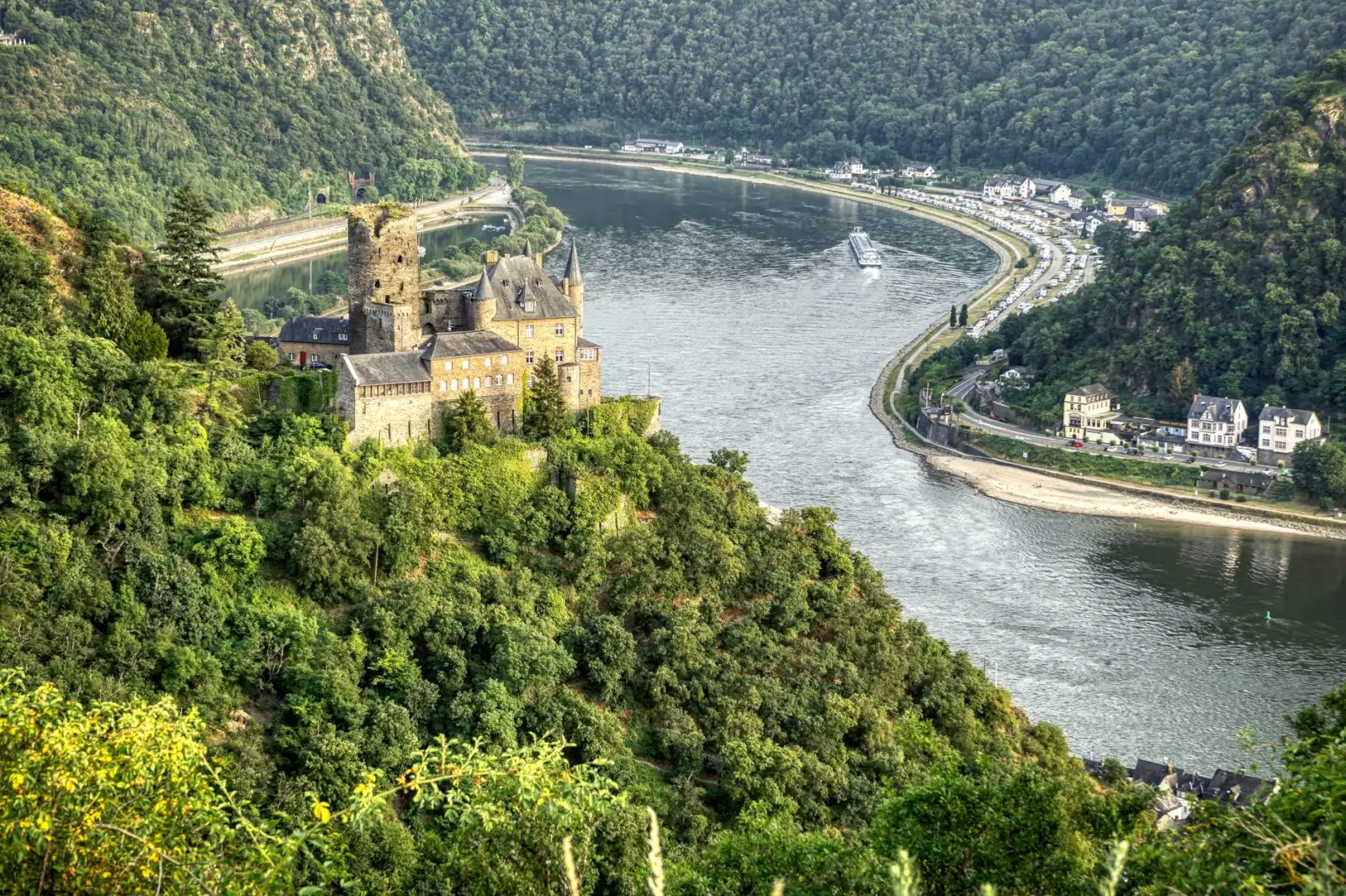 Aerial shot of Rhine River valley castles in Germany