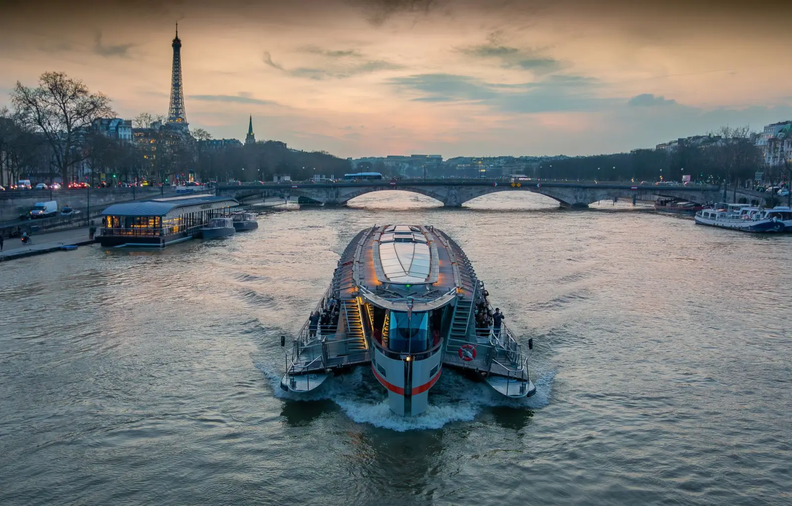Seine River Paris Eiffel Tower sunrise cruise ship