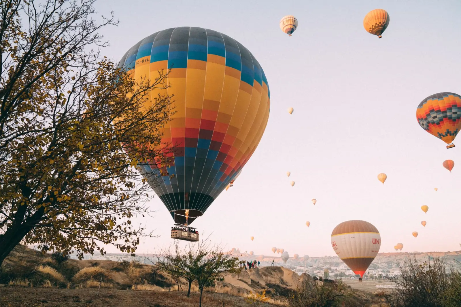 Hot air balloons rise over Cappadocia with autumnal hues